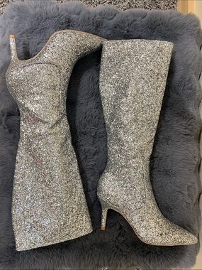 Cider Glitter Silver Tall Boots, 3” heel, NEW! 
Zip, pointed Toe. Size 38, 8